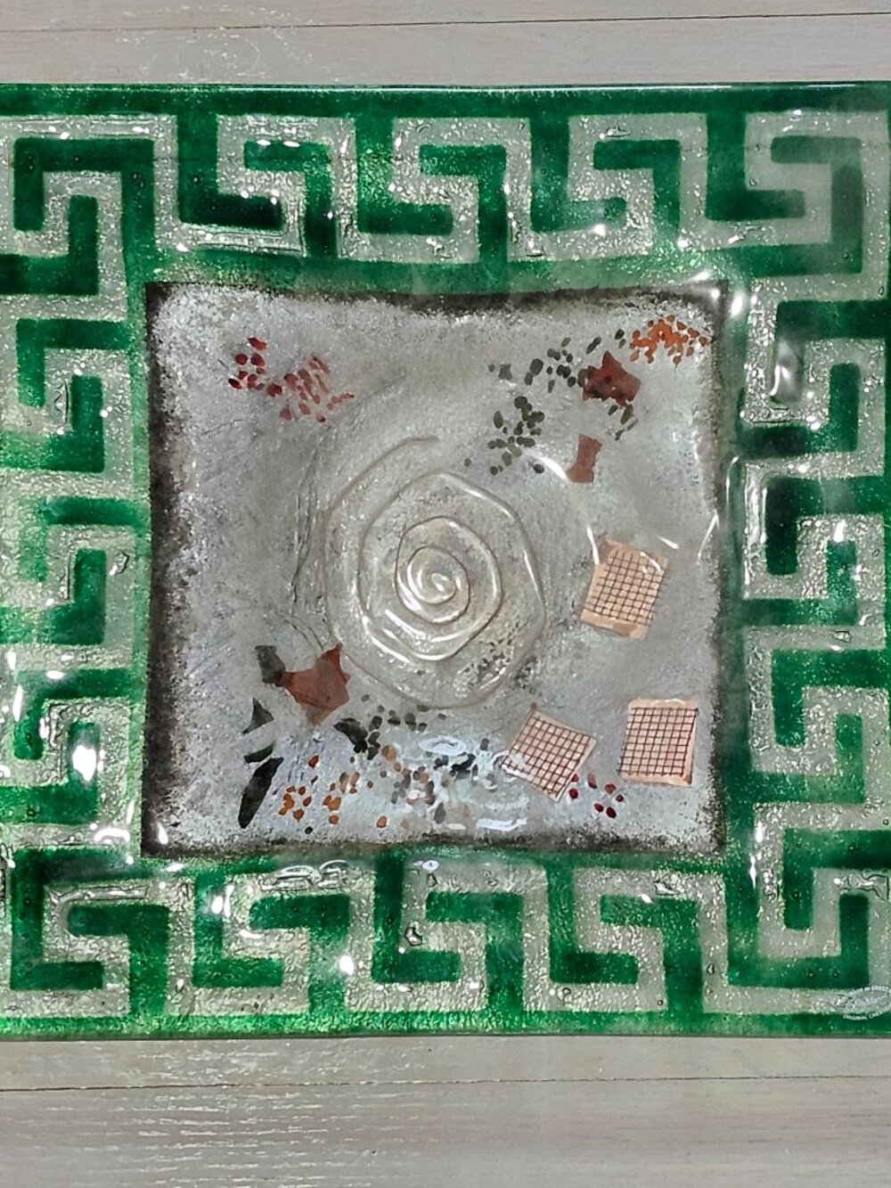 Murano Fused Art Glass Dish Vetri Murano Signed Green Greek Key Border